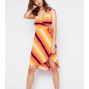 Express Womens Orange Stripe Faux Wrap Sleeveless Summer Dress Size Medium